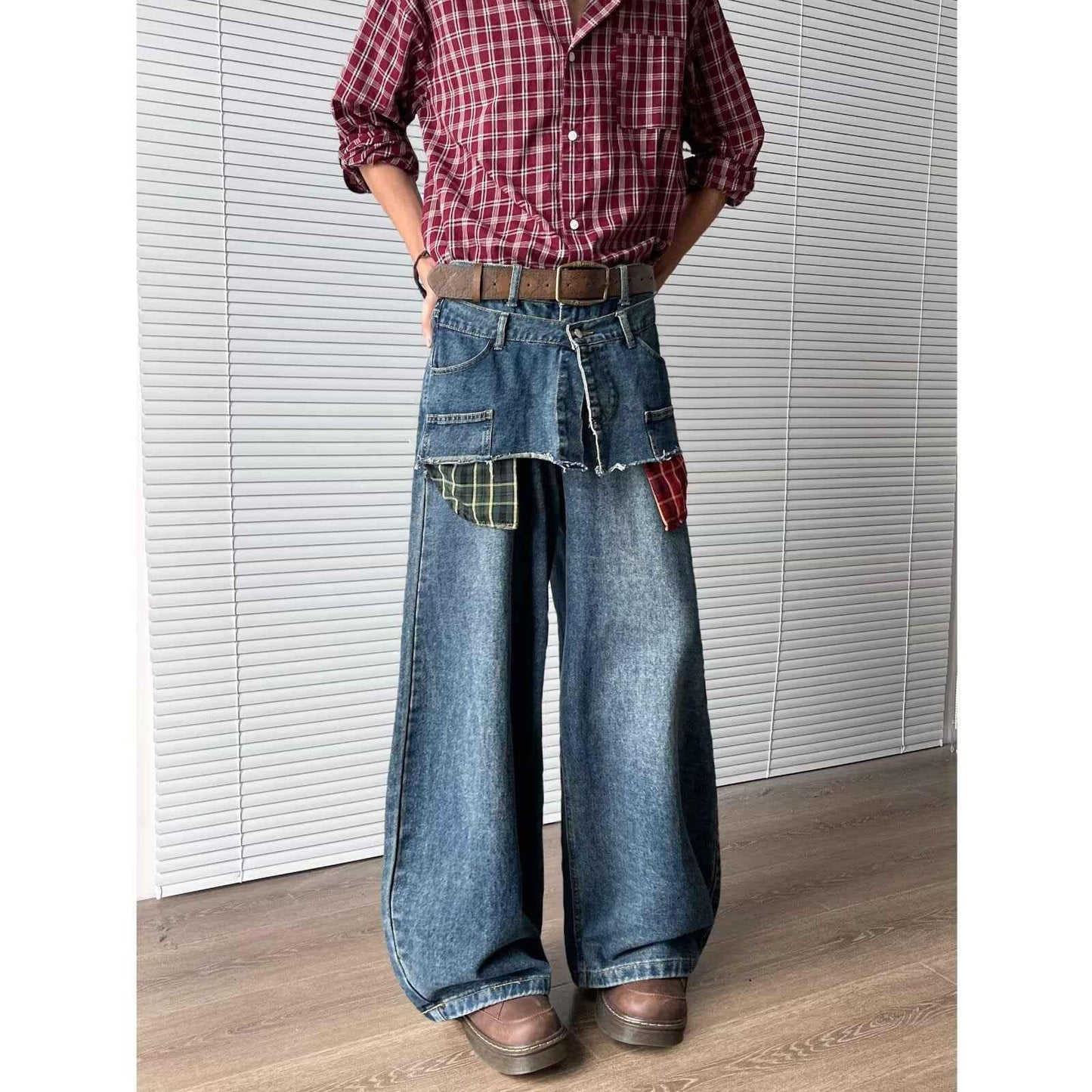 Retro fake two-piece checkered patchwork jeans for men | MuddyStock Originals