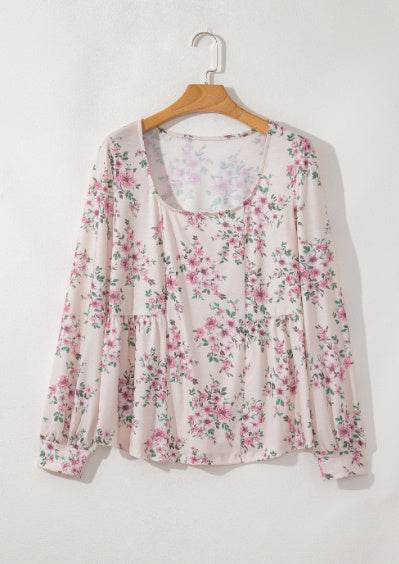 Floral Print Pleated U Neck Loose Fit Blouse Pink MuddyStock