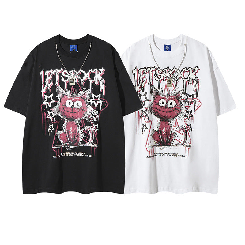 Streetwear Cartoon Cat Graffiti Letter T-Shirt with Necklace For Men And Women | MuddyStock Originals MuddyStock