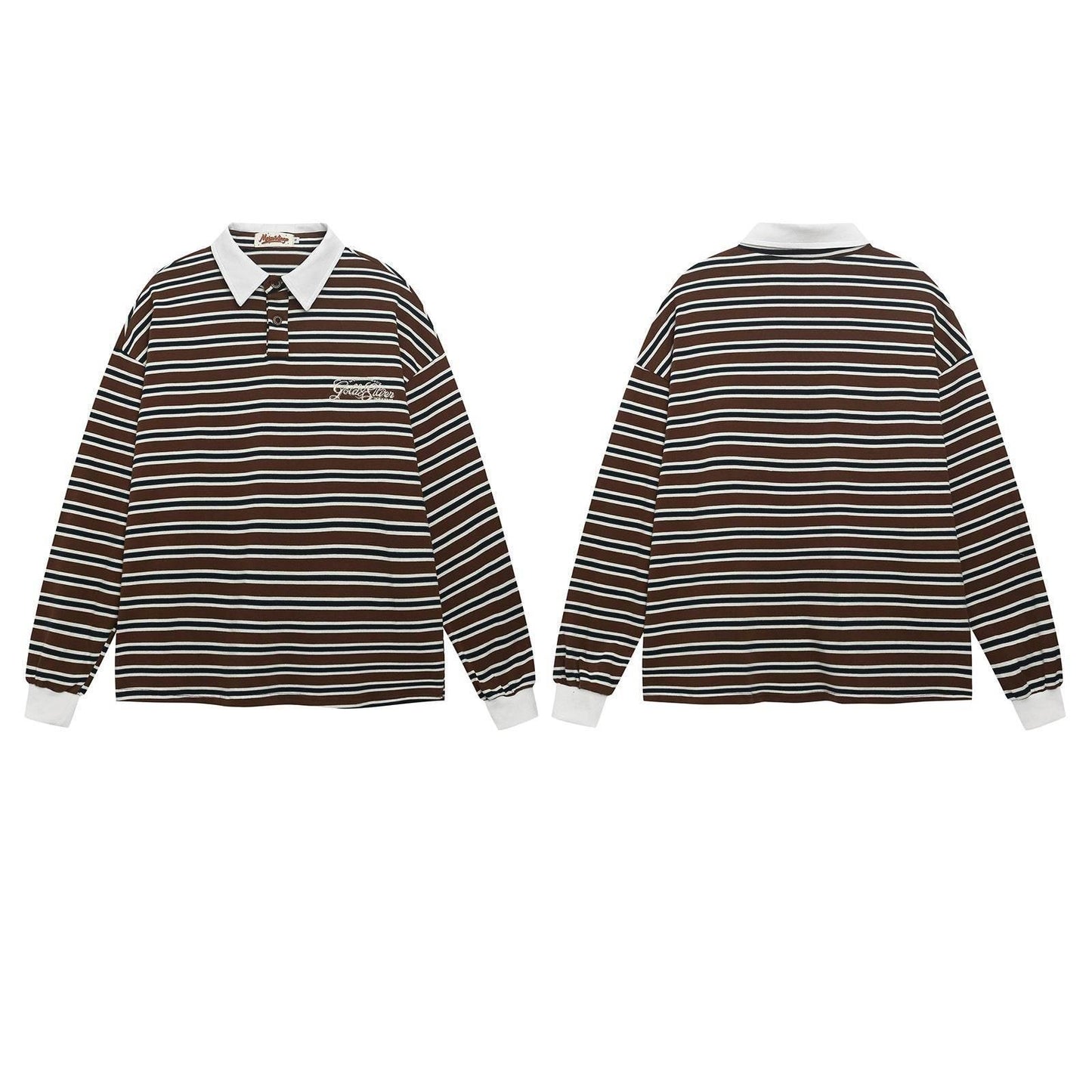 Retro Striped Letter Embroidered Polo Collar Long Sleeve T-Shirt For Men | MuddyStock Originals