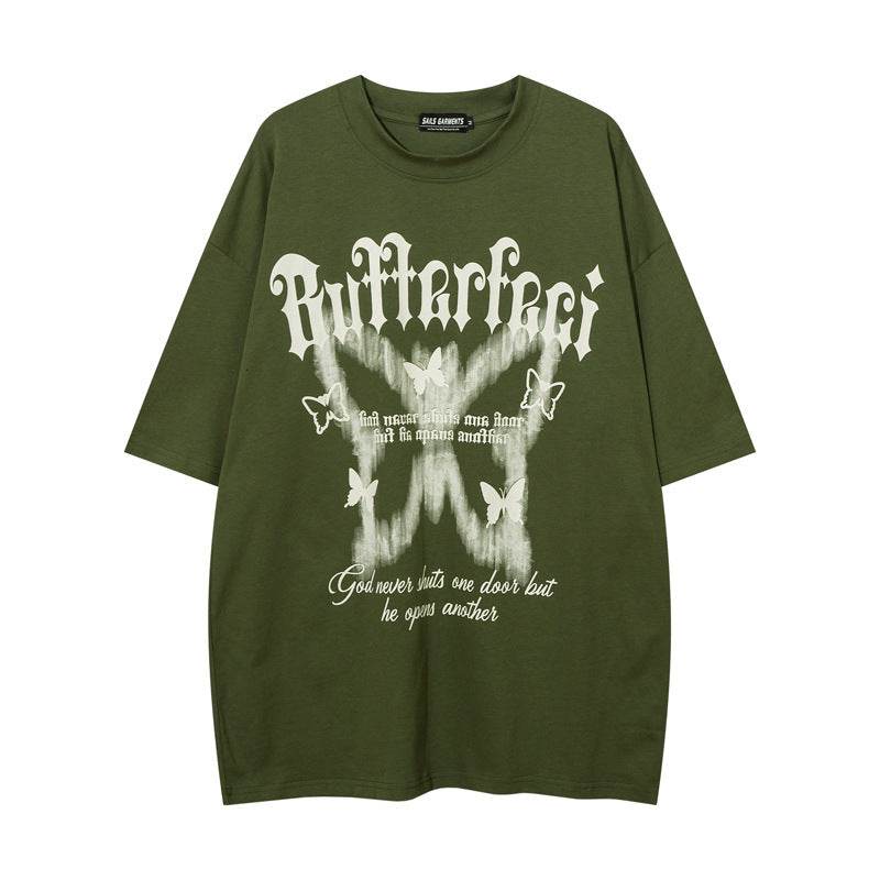 American High Street Butterfly Printed T-shirt For Men And Women Green MuddyStock