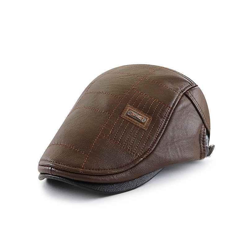 PU Leather Peaked Cap Fleece-lined Light Brown Adjustable