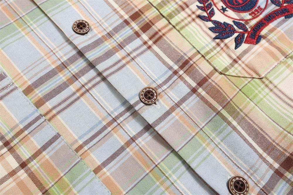 Embroidered Pocket Casual Polo Collar Checked Shirt For Men And Women