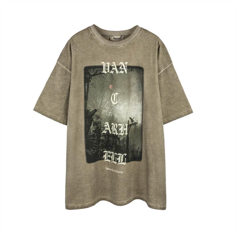 Summer Dark Style Cross Printed Short-sleeved T-shirt Brown MuddyStock