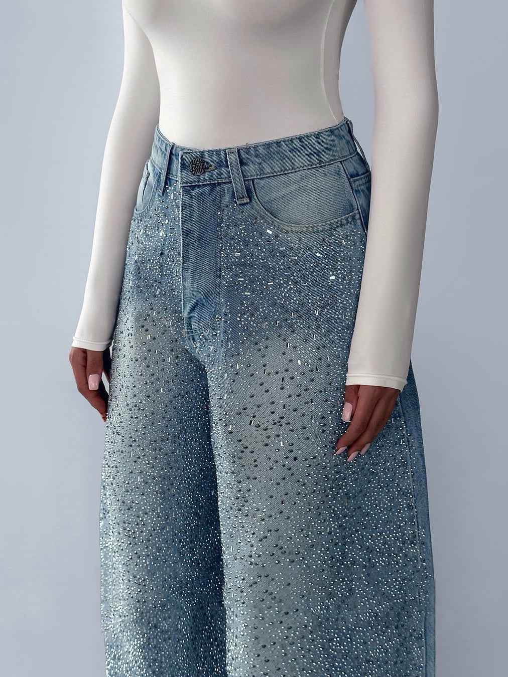 Irregular Rhinestone Jeans For Women MuddyStock