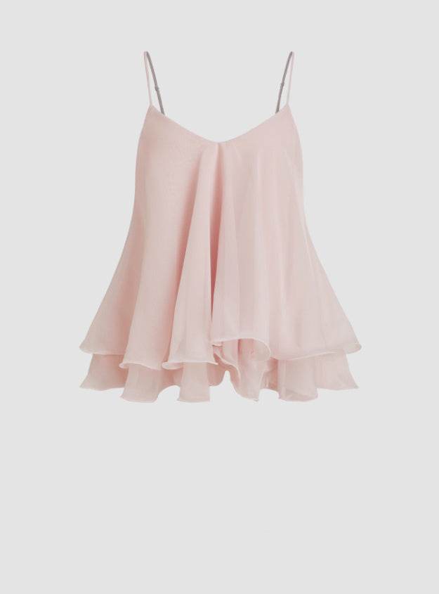 Mesh Camisole Short Top With Laminated Ruffles Pink MuddyStock