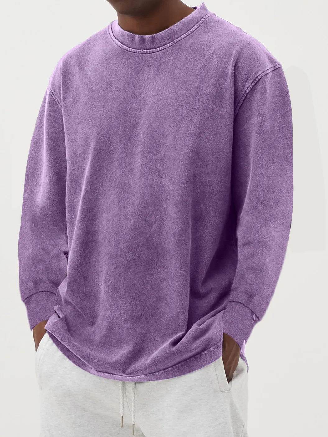 Washed Old Solid Color Men's Long-sleeved T-shirt Purple MuddyStock