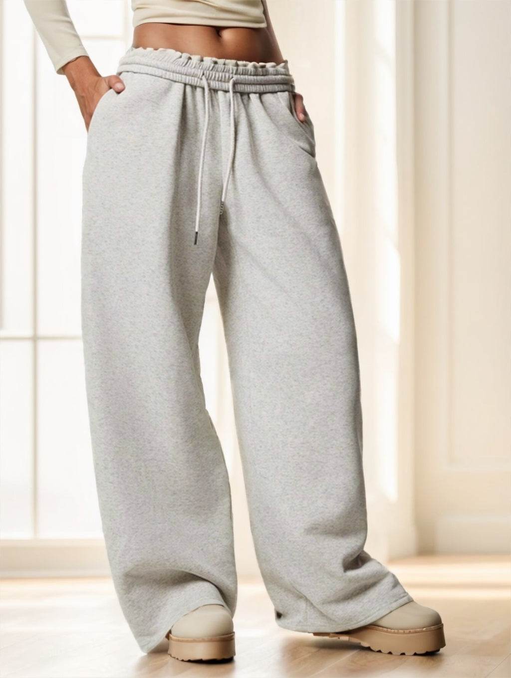 Autumn Winter New Thermal Lined Thick Casual Versatile High Waist Elastic Waist Loose Wide Leg Sweatpants MuddyStock