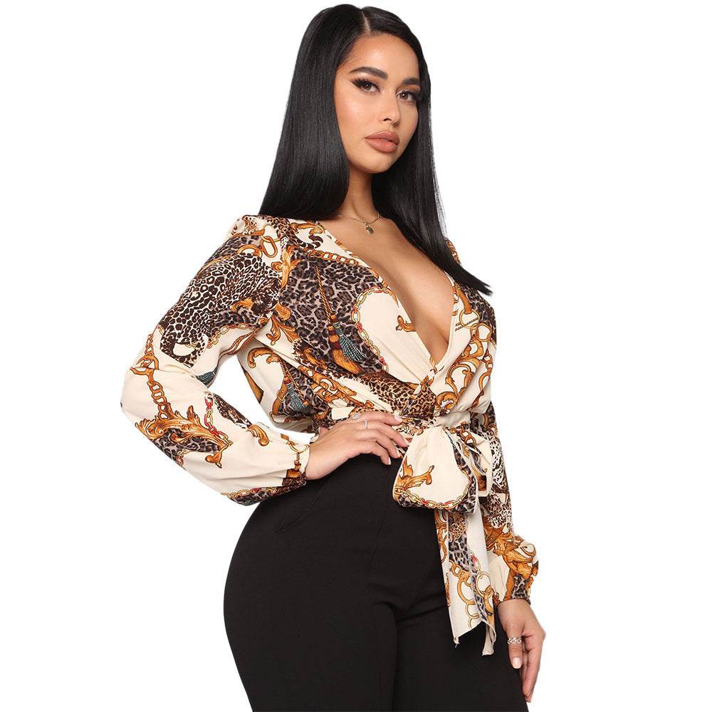 V-Neck Bow Tie Long-Sleeved Crop Top Apricot Color MuddyStock