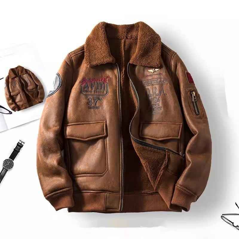 Fleece-lined Thickened Suede Fabric Jacket For Men Brown