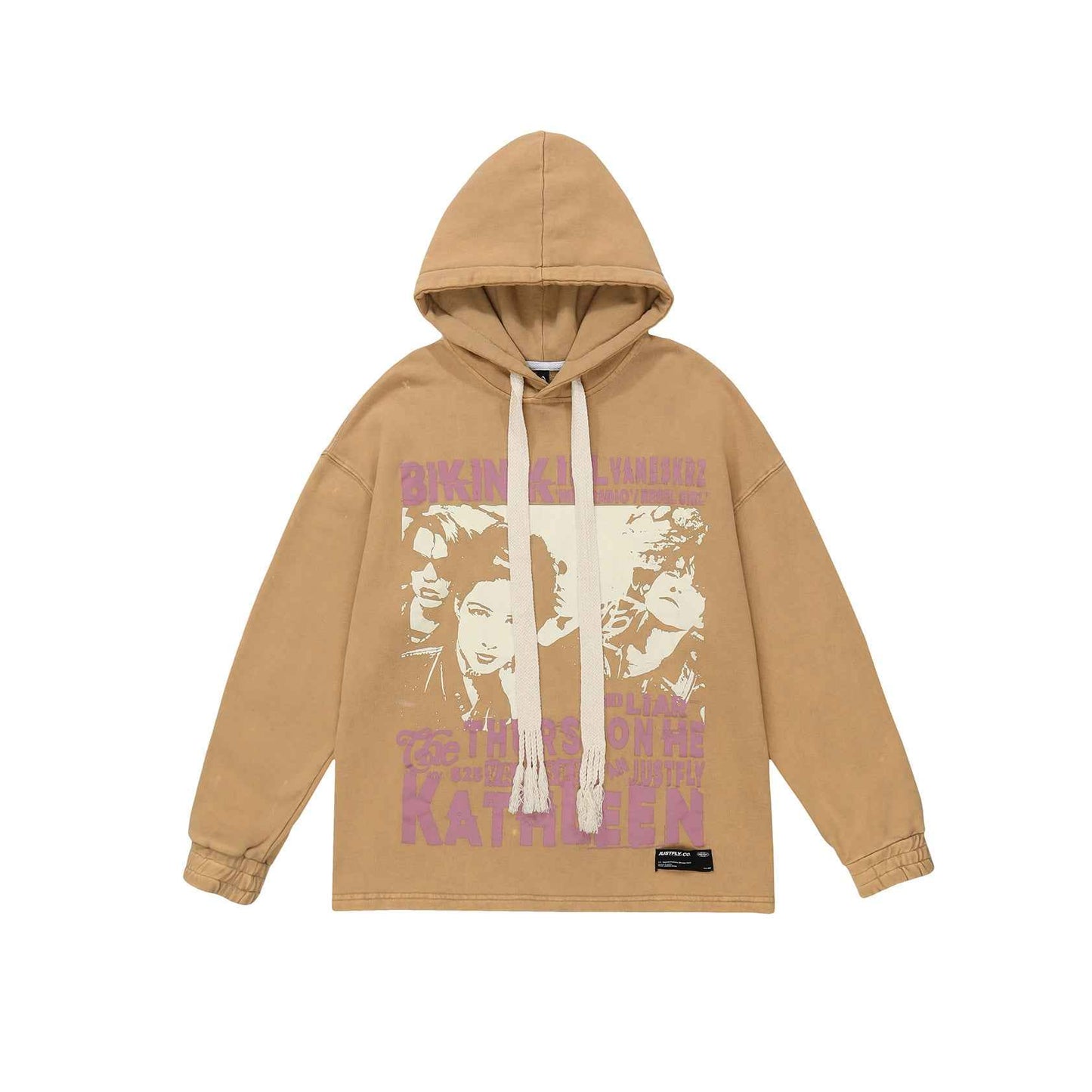 American Retro Trend Character Hooded Sweater Khaki MuddyStock