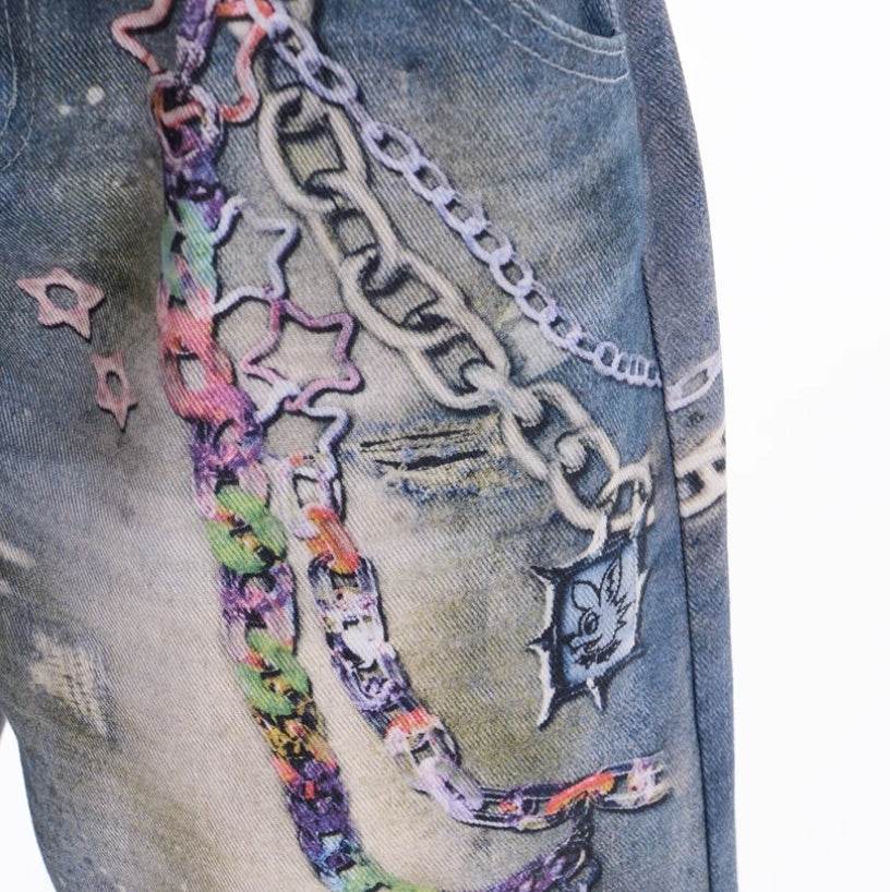American Retro Cartoon Chain Printed Jeans For Women MuddyStock