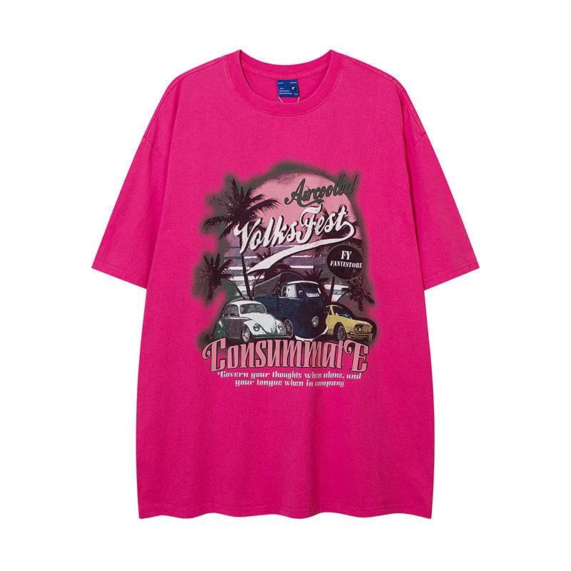 Fashion Oil Painting Cartoon Short Sleeve T-shirt For Men And Women Rose Red