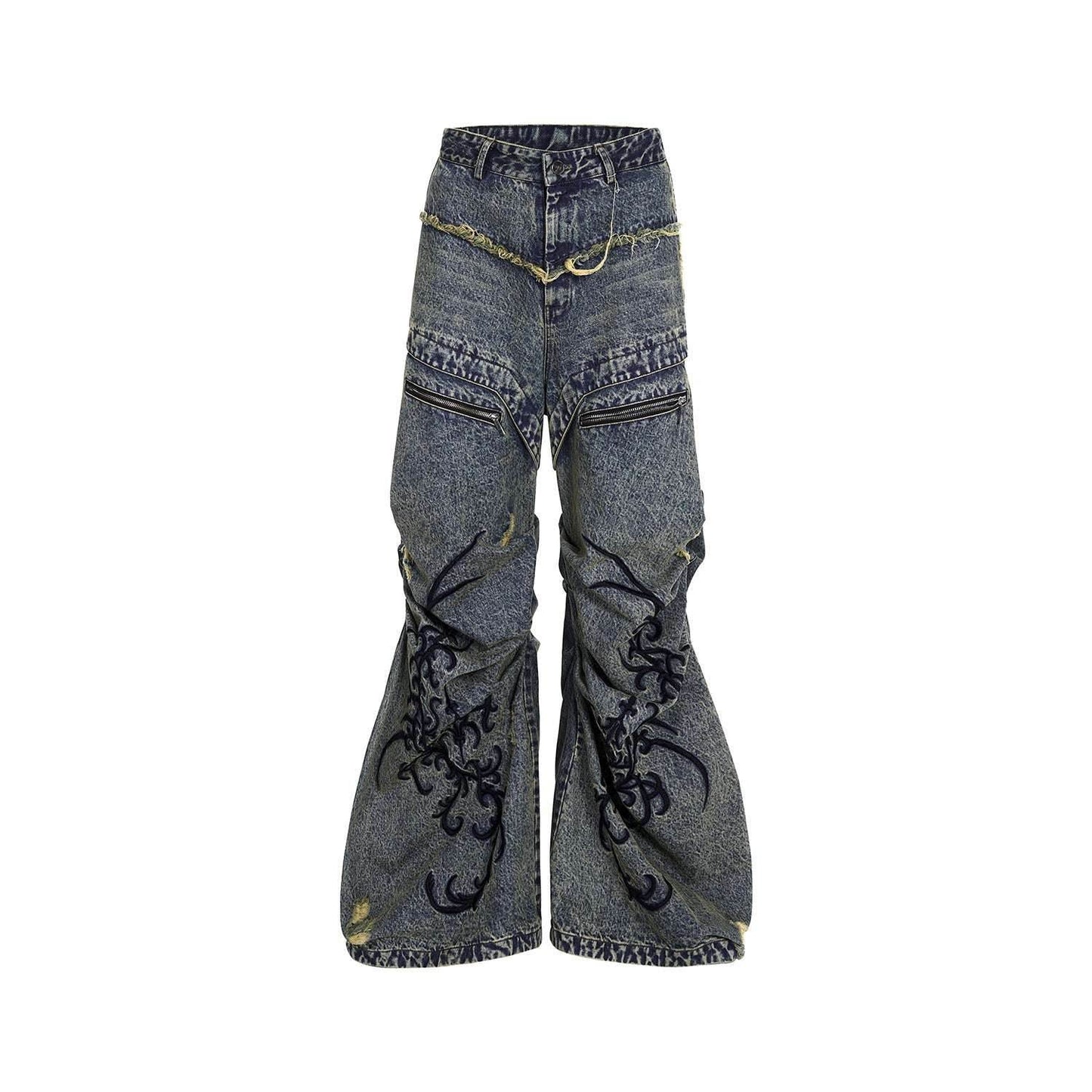Retro Washed Distressed Zipper Embroidered Pleated Mopping Jeans MuddyStock