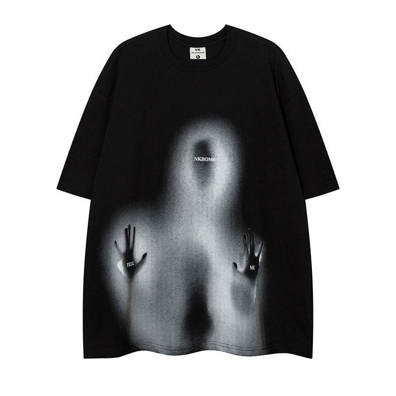 Depressed Fuzzy Printed Short Sleeve Loose For Men And Women Black MuddyStock