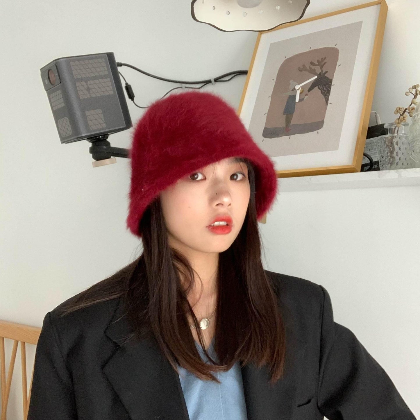 Women's warm hat autumn and winter Wine red M