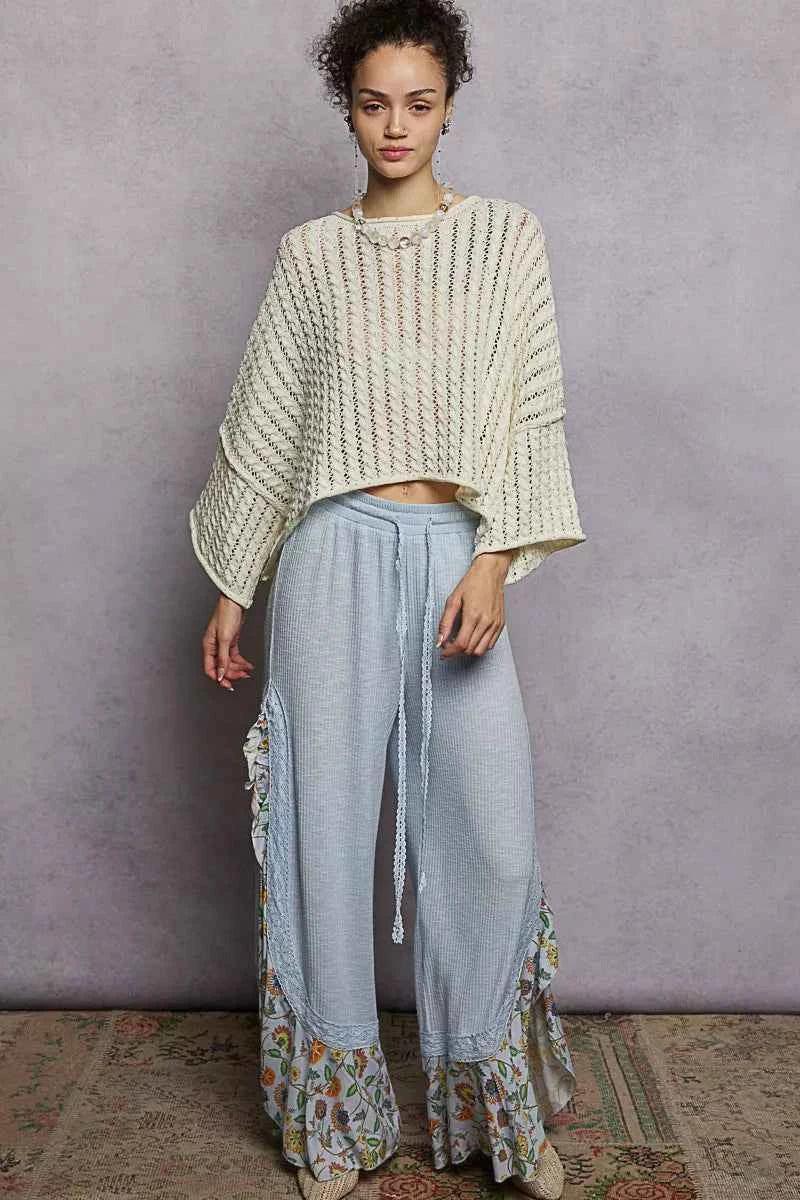 Cable-Knit Openwork Round Neck Cropped Sweater For Women