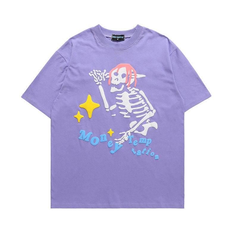 Skull Print American Loose Couple Half Sleeve T-Shirt Purple MuddyStock