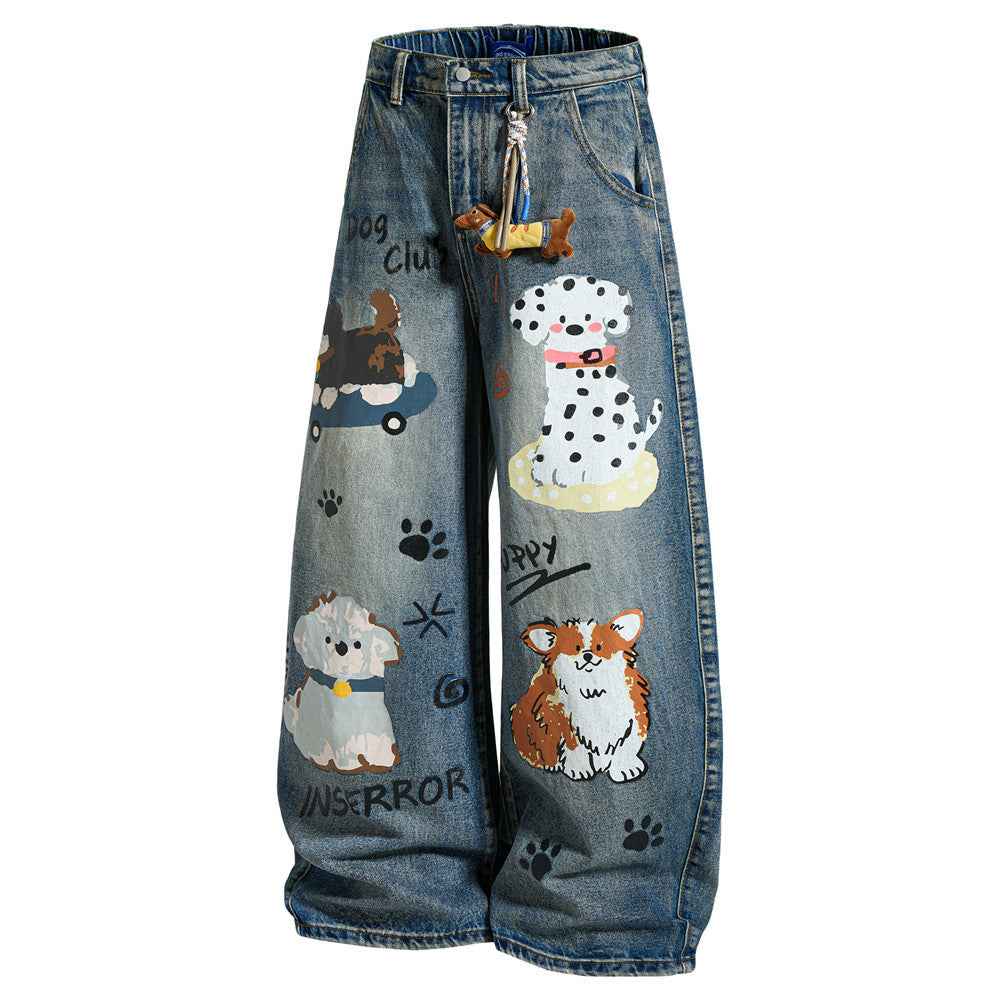 Striped letter cartoon full print denim wide leg pants for women | MuddyStock Originals
