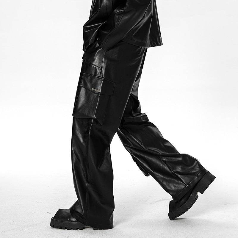 Men's Loose Straight Casual American Retro Street PU Leather Pants MuddyStock