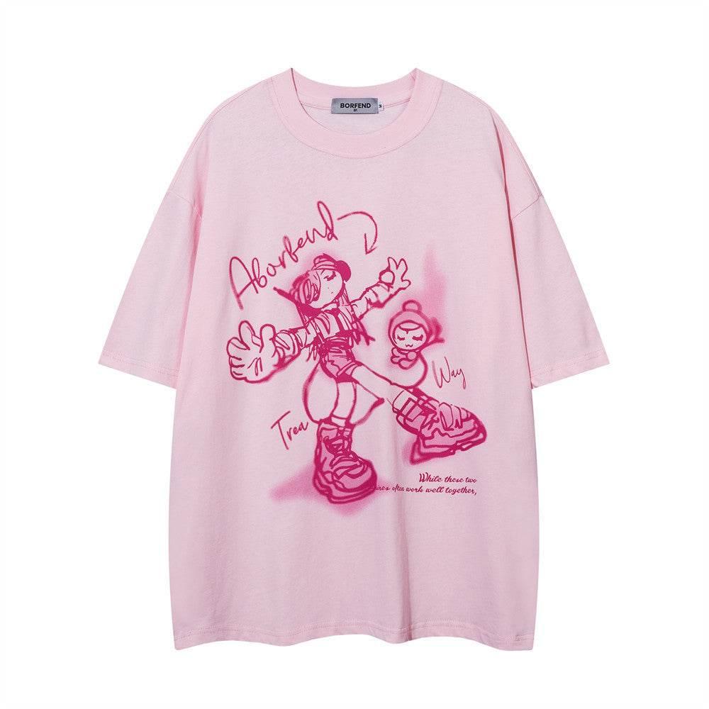Cartoon Cotton T-shirt For Men And Women Pink MuddyStock