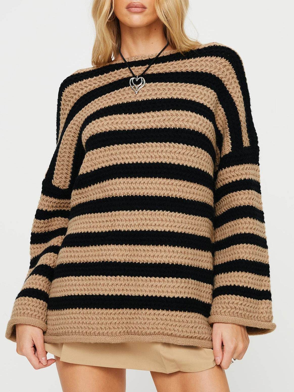 Women's Loose Off Shoulder Striped Long-sleeved Sweater Khaki MuddyStock