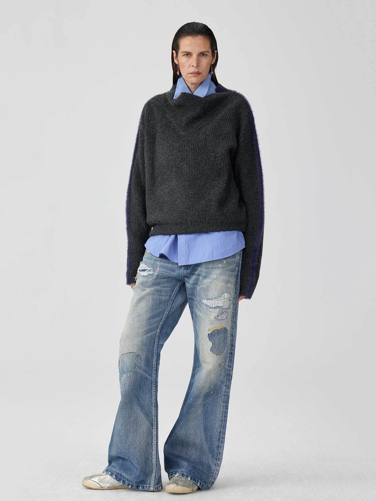 Washed Blue Patch Color Wire-track Flared Jeans For Men And Women MuddyStock