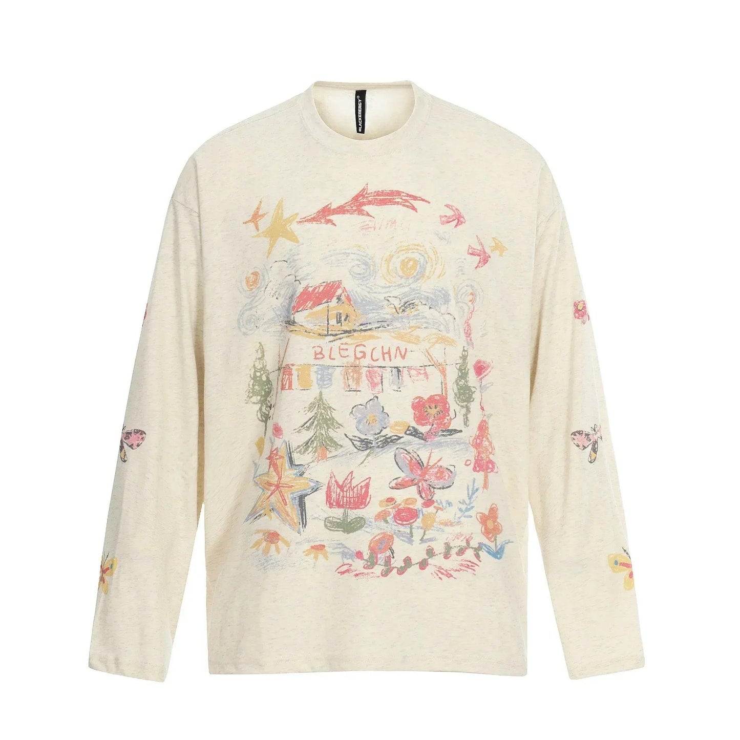 Hand-Drawn Graffiti Print Loose Fit Long Sleeve T-Shirt For Men And Women | MuddyStock Originals Apricot
