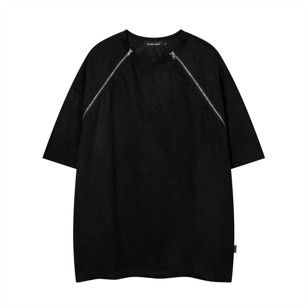 Men's Double Zipper Short-sleeved T-shirt Black MuddyStock