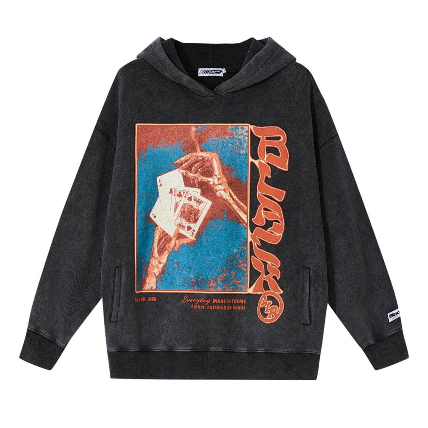 Street Retro Poker Printed Hoodie For Men Black MuddyStock
