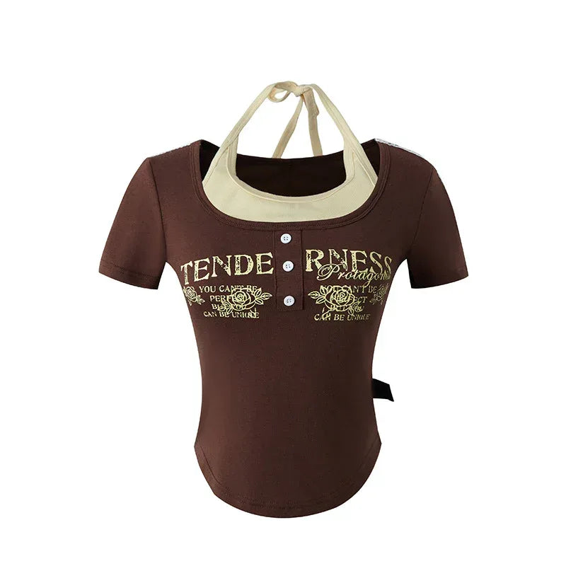 Fake Two-Piece Short Fitted T-shirt Top For Women | MuddyStock Originals Coffee Brown eprolo
