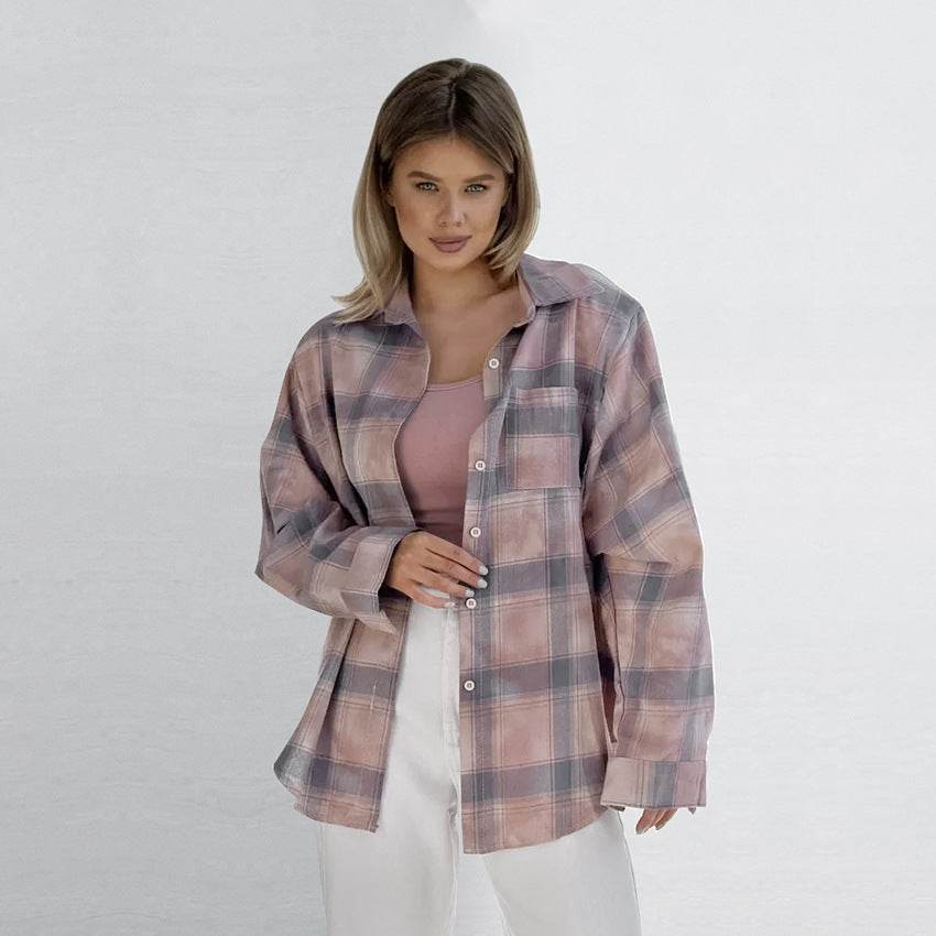 Retro loose long sleeved checkered shirt for women MuddyStock