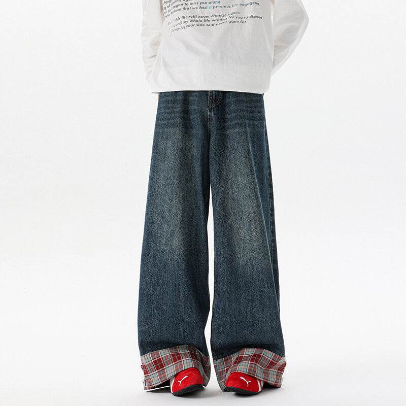 Retro Washed Plaid Cuffed Denim Wide Leg Long Pants For Men And Women | MuddyStock Originals MuddyStock