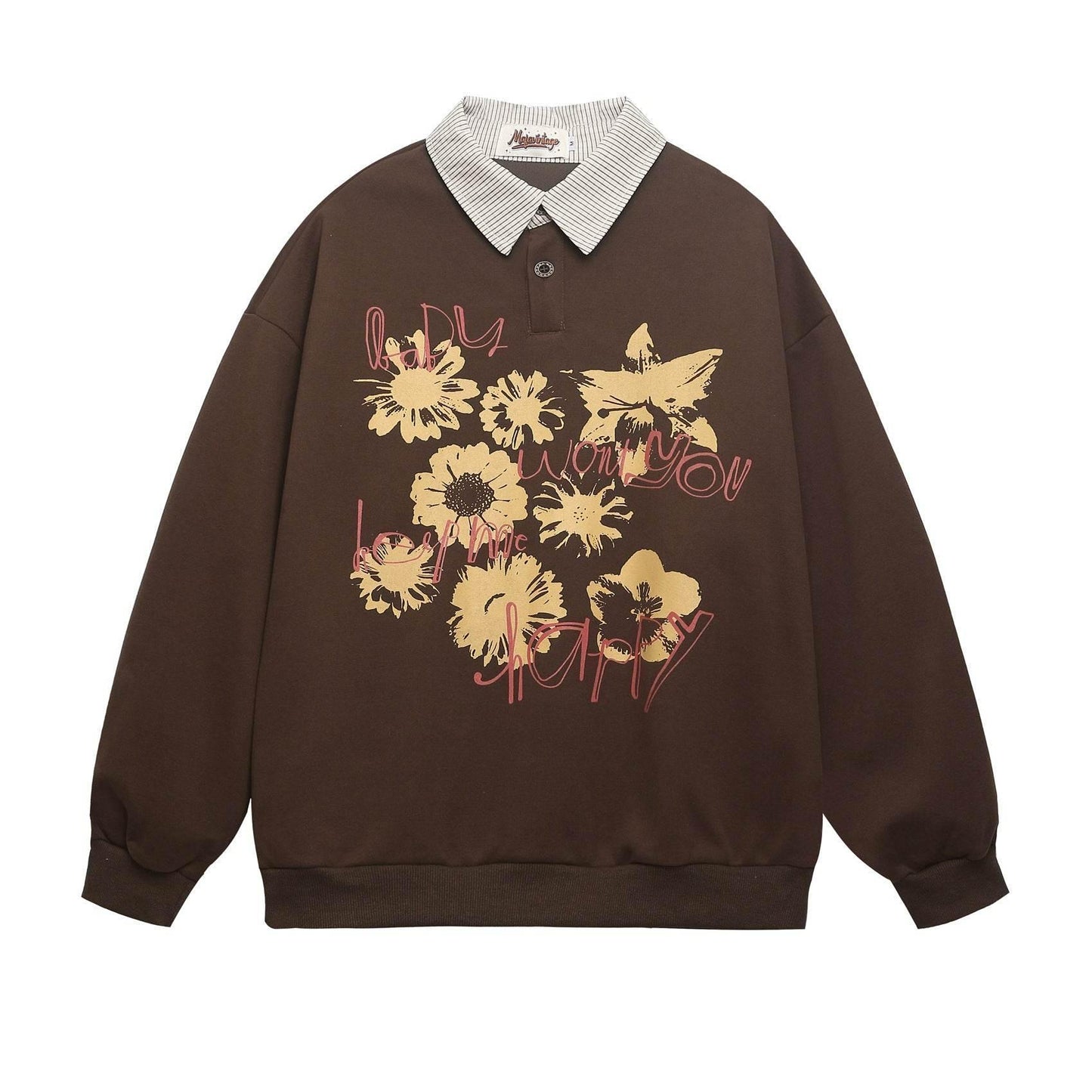 Spliced Fake Two-Piece Floral Letter Print Sweatshirt For Men And Women | MuddyStock Originals Chestnut Brown