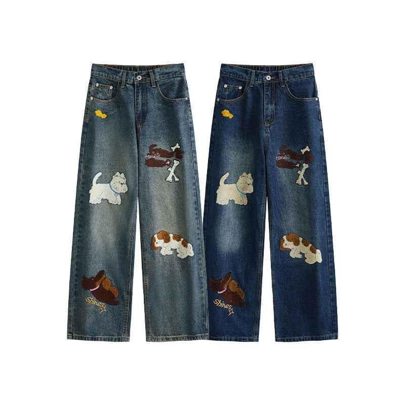 Puppy patchwork embroidered washed denim jeans for men and women | MuddyStock Originals