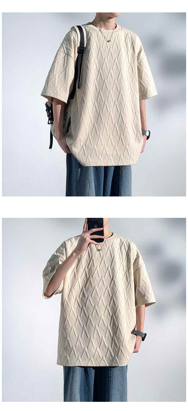 Mid-sleeve Bottoming Shirt Men's Round Neck Jacquard Solid Color Plus Size T-shirt MuddyStock