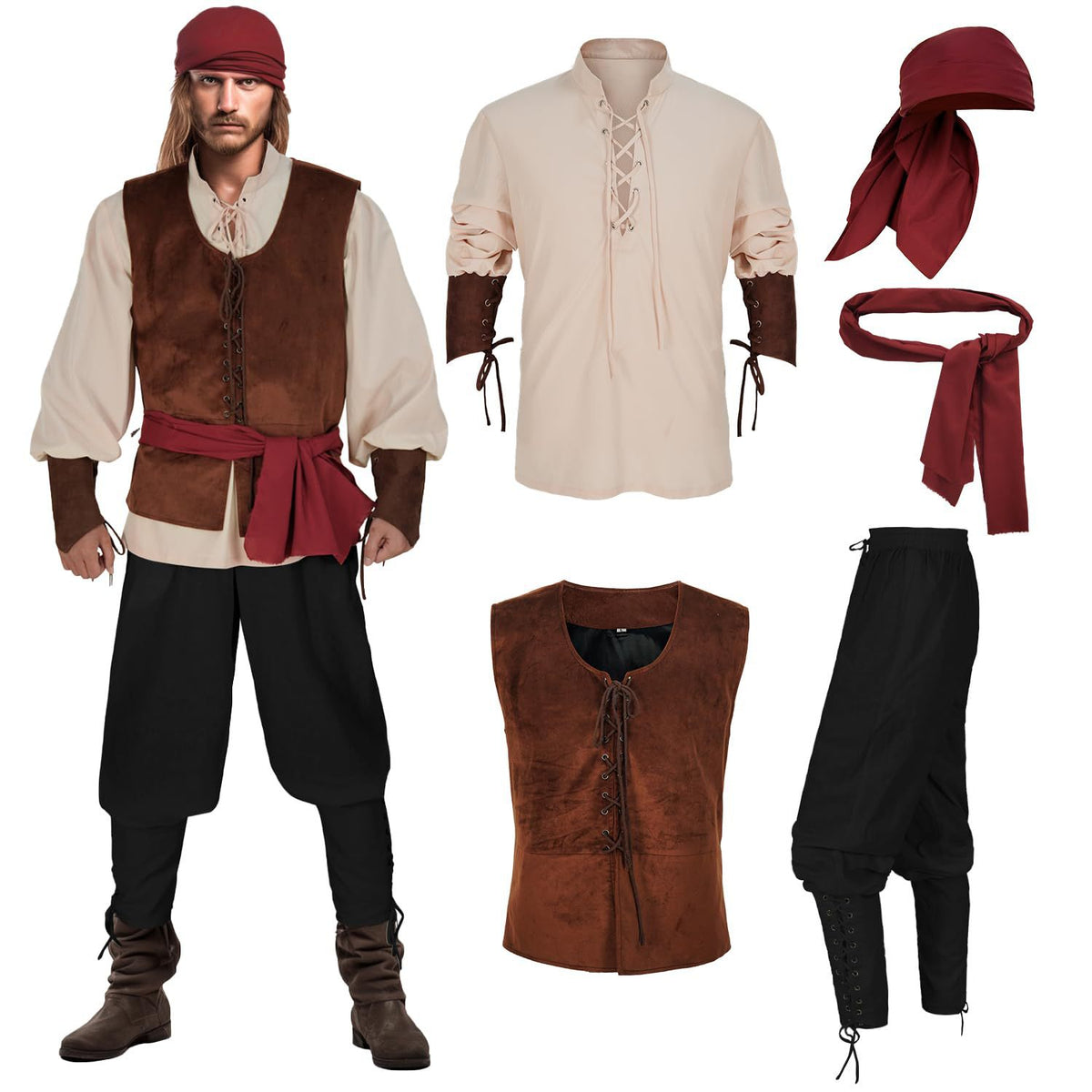 Halloween Caribbean Pirate Costume For Men Complete Set + Black Pants