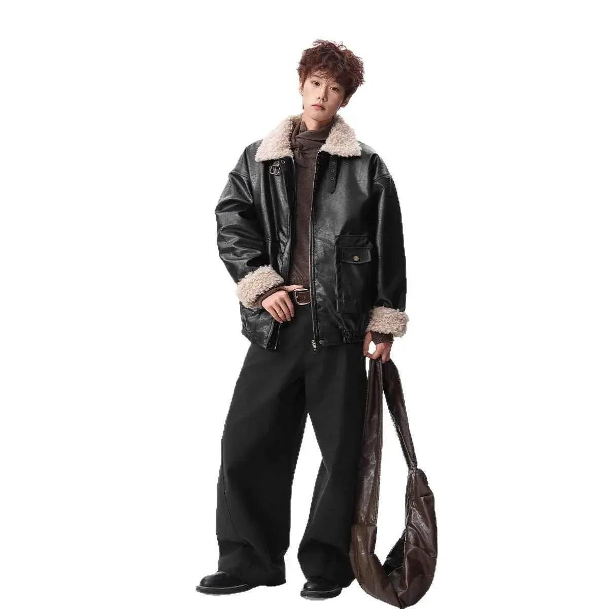 Shearling Motorcycle Jacket with Turn-down Collar For Men | MuddyStock Originals