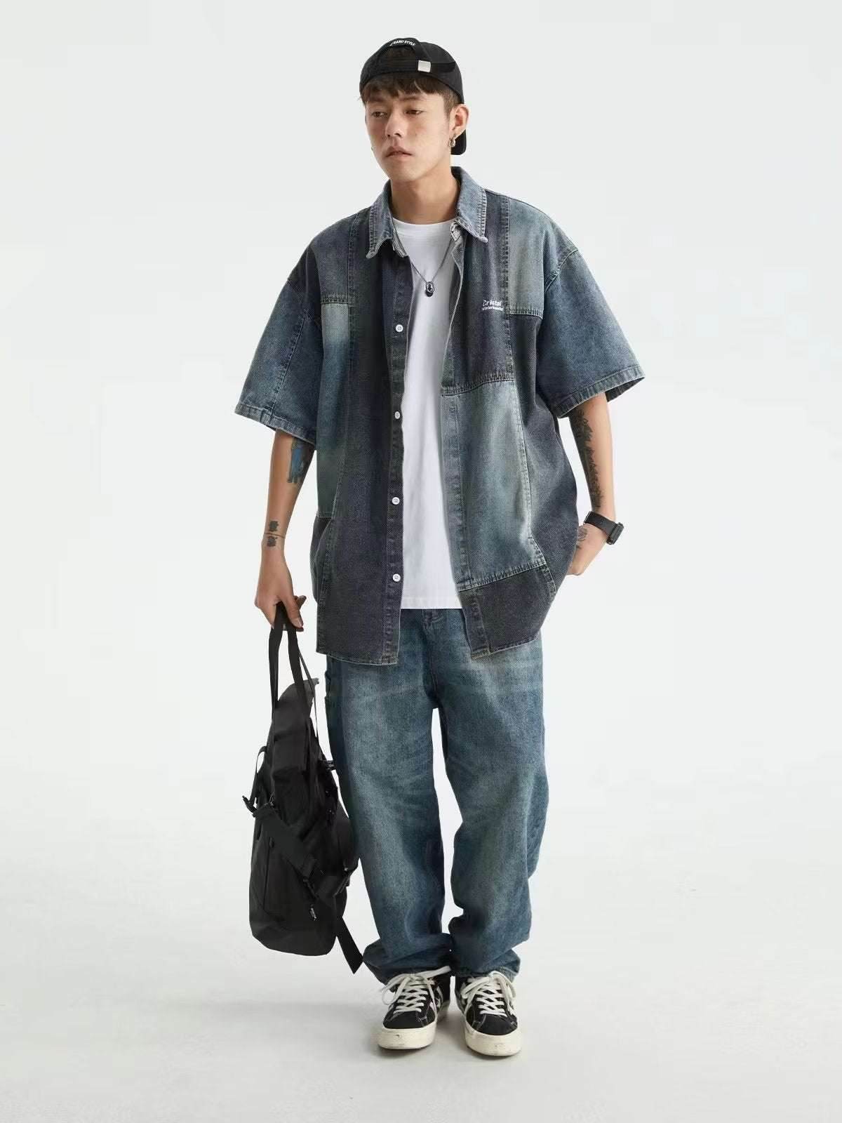 Japanese-style Retro Washed Stitching Denim Shirt Men MuddyStock