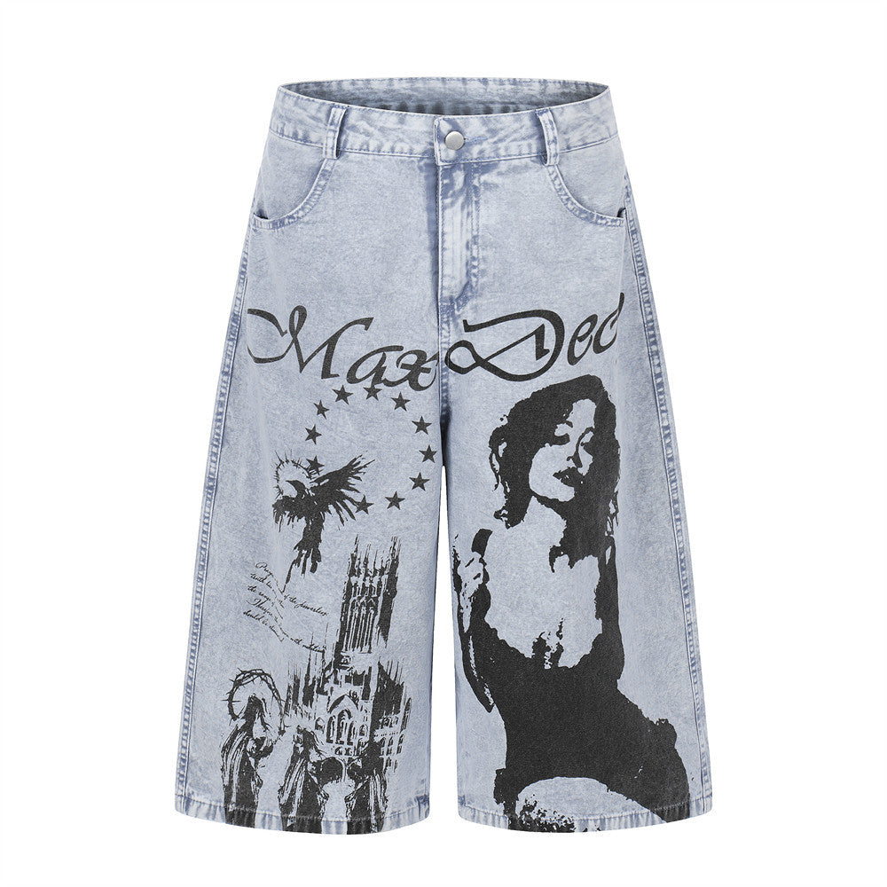 Character printed denim cropped pants