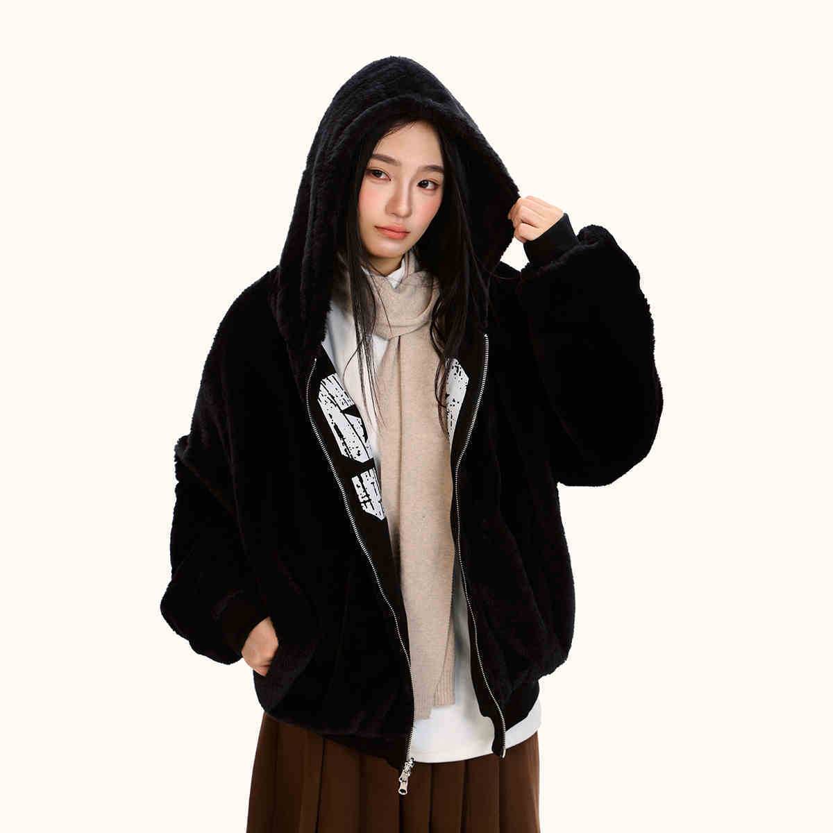 Loose Double-sided Wear Velvet Padded Thickened Sweater For Women Black MuddyStock