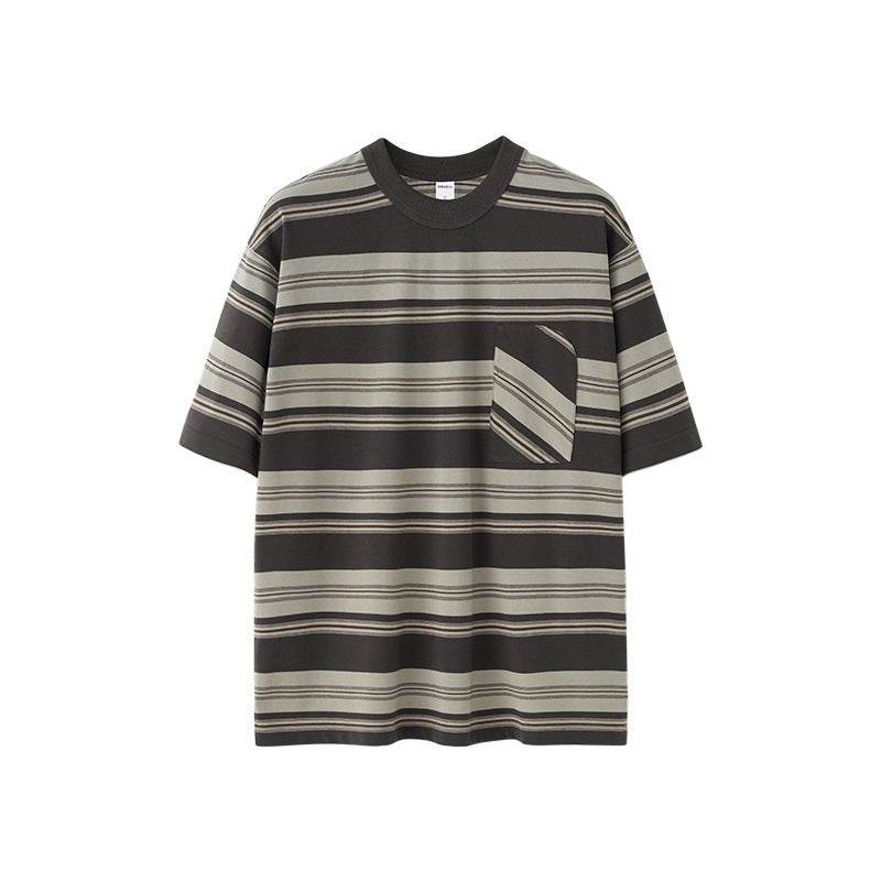 Striped Pocket T-shirt American Style Loose Short Sleeve Gray MuddyStock