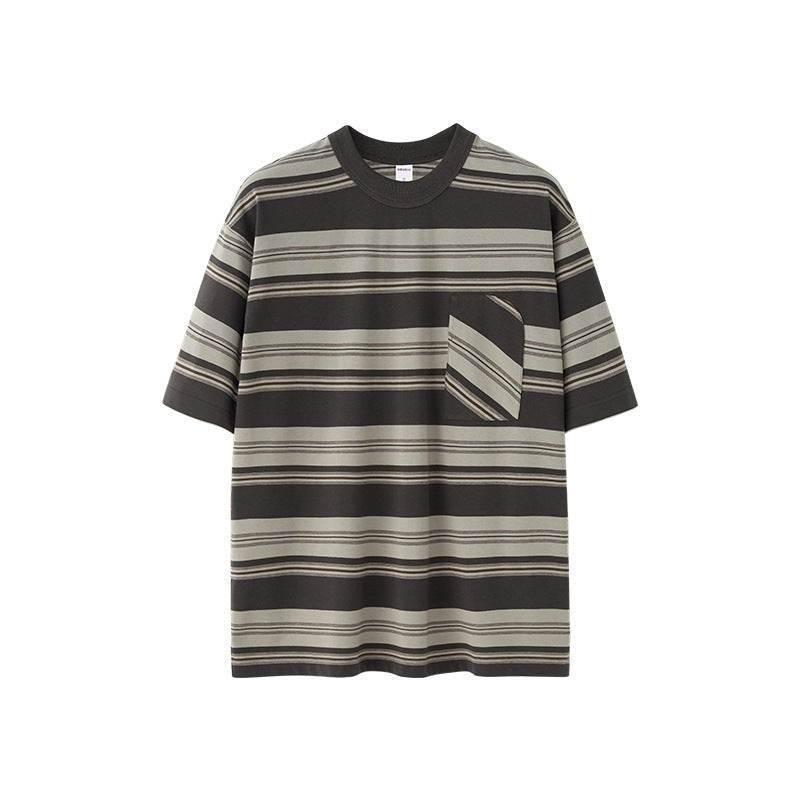 Striped Pocket T-shirt American Style Loose Short Sleeve Gray