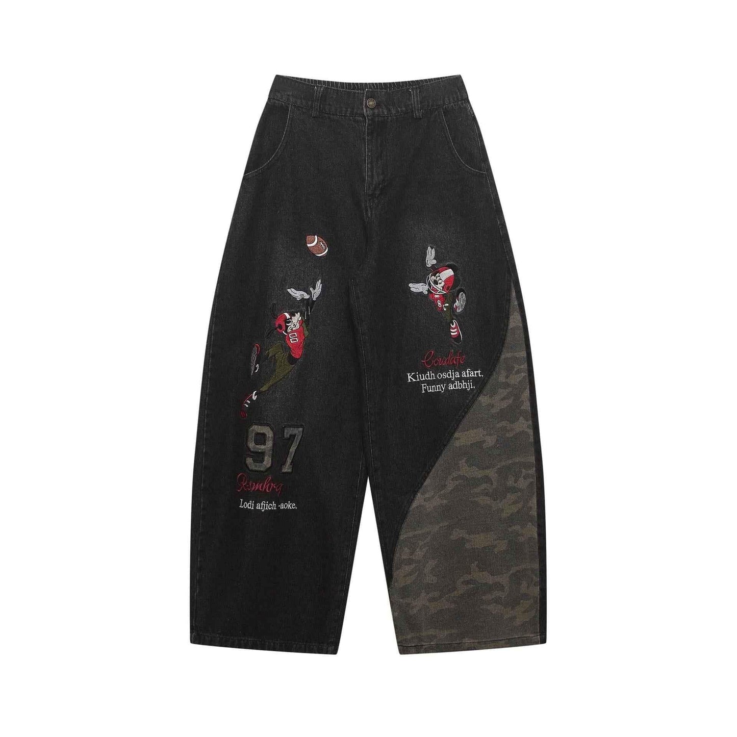 Retro cartoon embroidered patchwork jeans for men | MuddyStock Originals