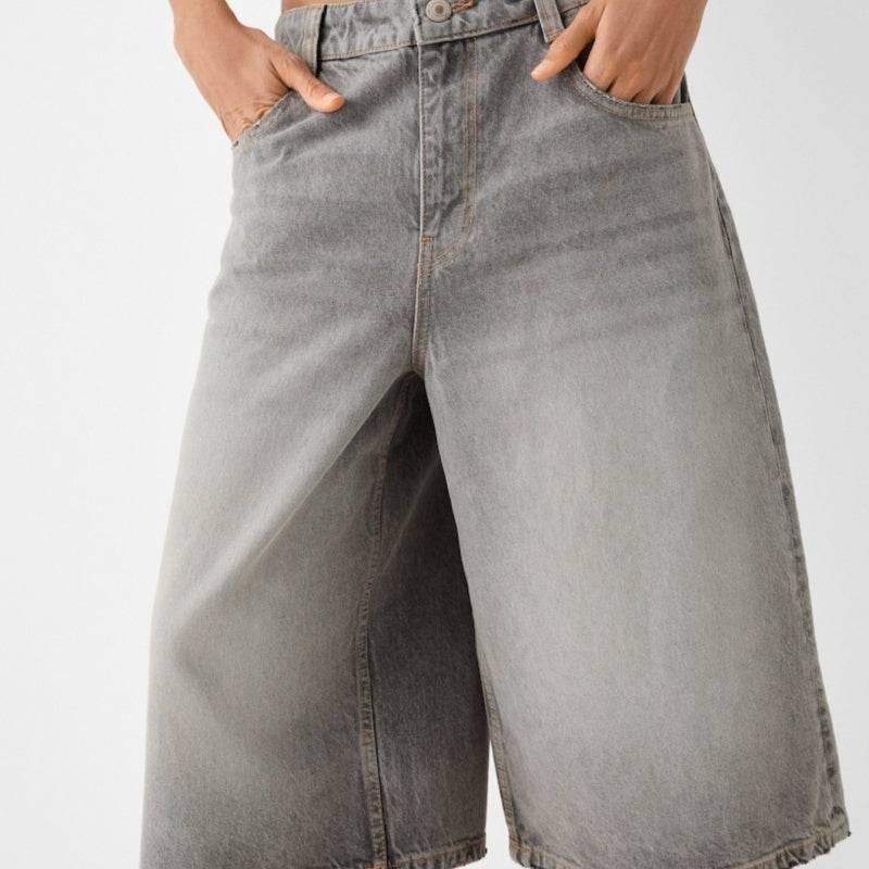 Low Waist Loose Denim Cropped Pants Grey MuddyStock