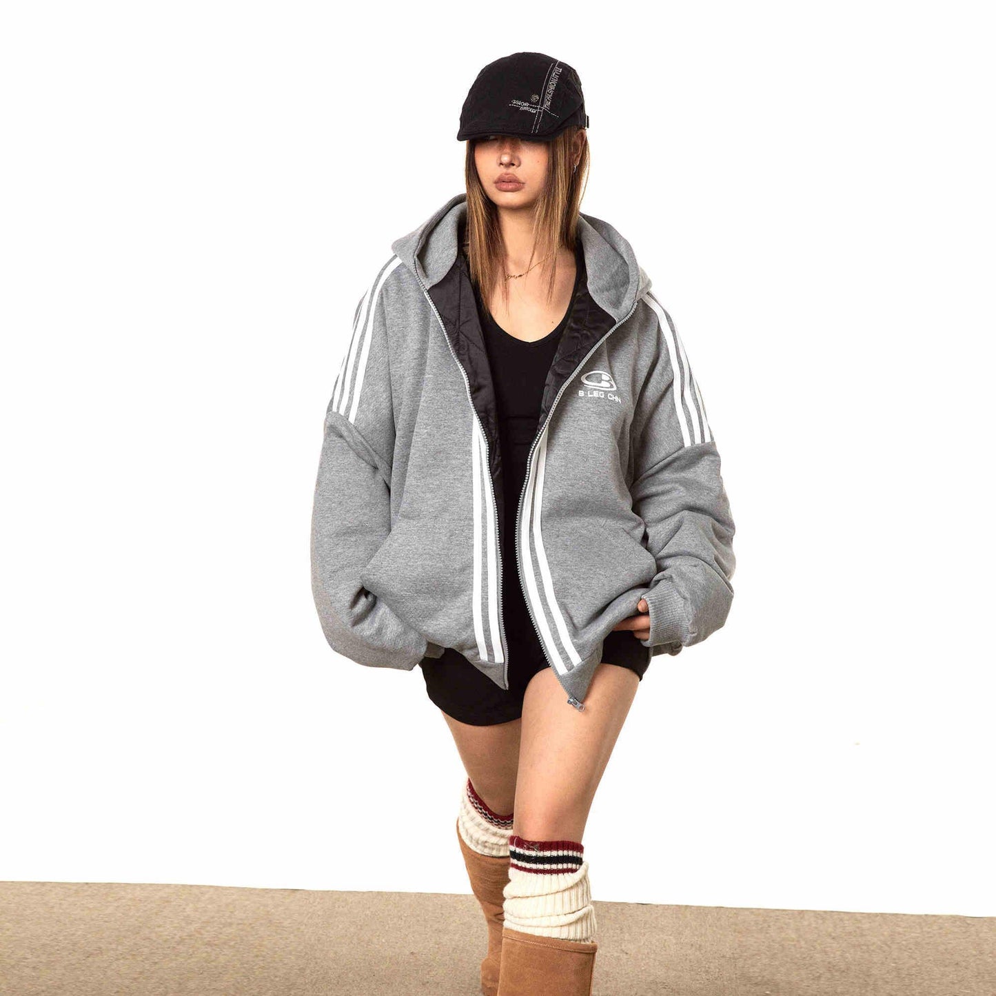 Retro Sports Hooded Cotton-padded Jacket For Women Flower Gray