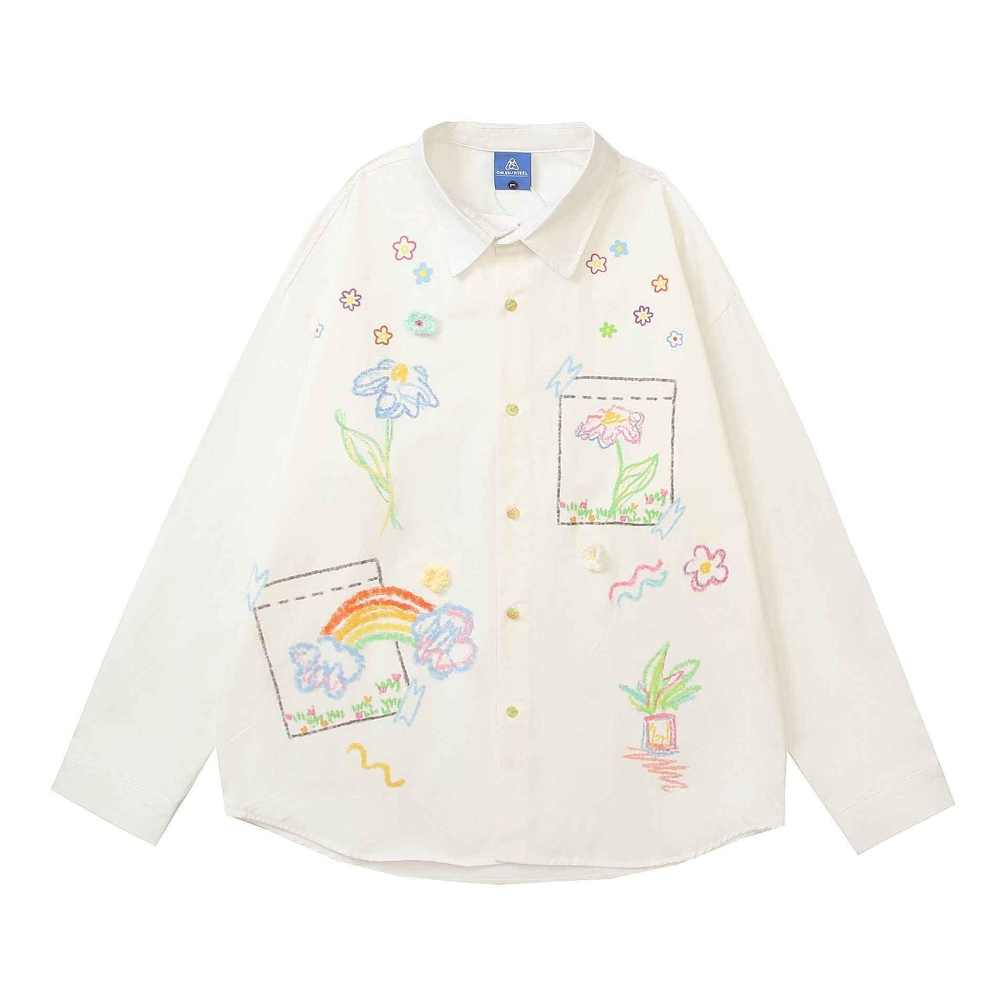 Retro Long Sleeve Graffiti Print Three-Dimensional Small Flower Long Sleeve Shirt For Women | MuddyStock Originals Apricot