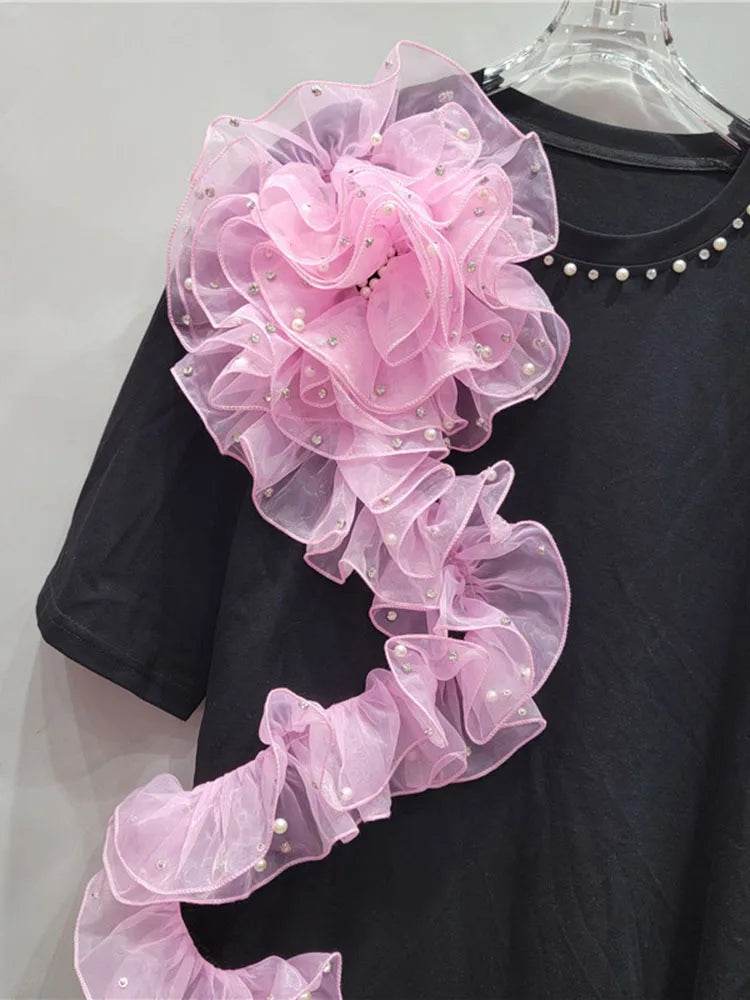 Women's T-shirt Rivet Collar Irregular Pleated Pink Mesh Flowers | MuddyStock Originals MuddyStock