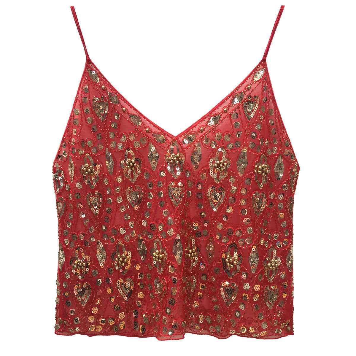 Heavy Embroidery Sequins Vest Shiny Small Sling For Women Red And Gold Free Size