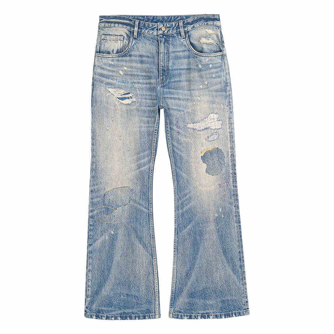 Washed Blue Patch Color Wire-track Flared Jeans For Men And Women Washed Blue MuddyStock